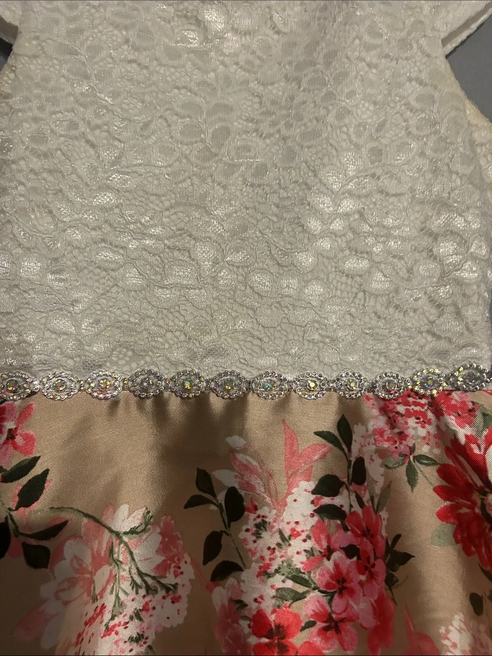 Rare Editions White Lace Bodice Gold Floral High-Low Dress